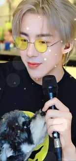 Blonde figure with sunglasses holding a mic with a cute puppy.