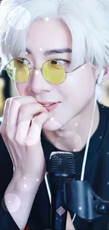 Anime character with blonde hair and yellow glasses microphone.