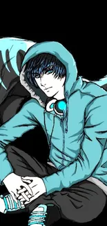 Anime character in teal hoodie on a stylish wallpaper.