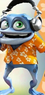 Blue cartoon character with headphones and orange floral shirt.