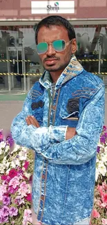 Man in blue denim jacket poses confidently among flowers.