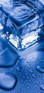 Cool blue ice cube and water droplets wallpaper.