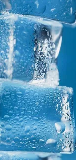 Close-up of blue ice cubes with water droplets on a light blue background.