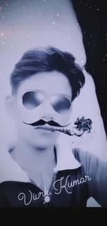 Mustached gentleman with sunglasses on blue wallpaper background.