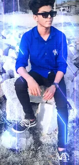 Person in blue shirt sitting on rocks outdoors.