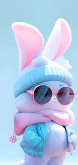 Stylish bunny in winter outfit with pastel colors and sunglasses.