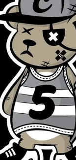 Cartoon bear in streetwear design with black background.