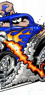 Cartoon hot rod with flames and smoke on a white background.