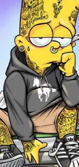 Cartoon character with tattoos and skateboard, vibrant art.