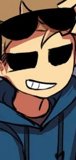 Cartoon character with blue hoodie and sunglasses, grinning playfully.