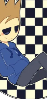 Cartoon character in blue hoodie with checkered background.