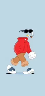 Cartoon character in red hoodie on light blue background.