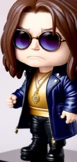 Cartoon character in blue jacket and sunglasses standing on pedestal.