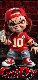 Cartoon character in red outfit with a playful, edgy vibe in a dark setting.