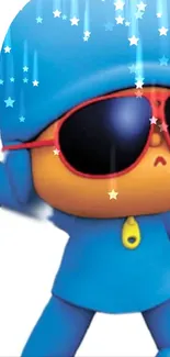 Cool blue cartoon character with red sunglasses and stars.