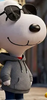 Cartoon dog wearing a hoodie in an urban setting.