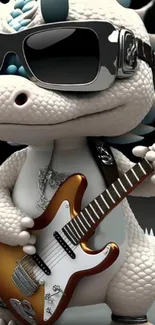 Cool cartoon dragon playing guitar with sunglasses.