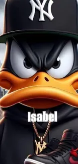 Cartoon duck in urban style with sneaker and city background.