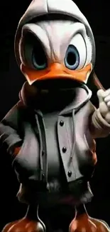 Animated duck with hoodie on dark background.