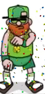 Cartoon character in green with confetti background.