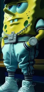 Cartoon character in hip hop attire with vibrant yellow and blue accents.