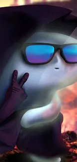 Cool cartoon character with sunglasses in vibrant fiery background.