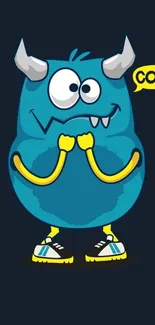 Cute blue cartoon monster on dark background.