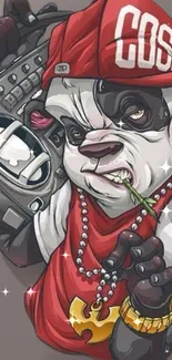 Cartoon panda in hip hop style with red accents.