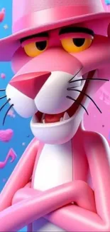 Vibrant cartoon Pink Panther with a rainbow and musical notes.