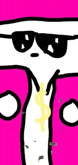 Funky cartoon character on pink background, wearing sunglasses and a gold necklace.