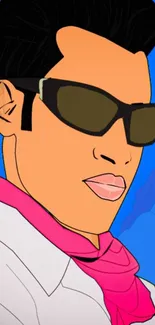 Cartoon portrait with sunglasses and pink scarf on blue background.