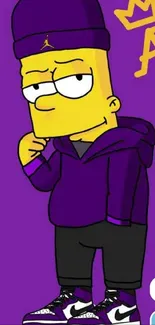 Cool cartoon character in purple attire on a vibrant mobile wallpaper.