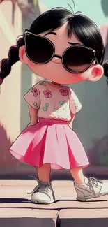 Cartoon girl with sunglasses and pink dress stands stylishly.