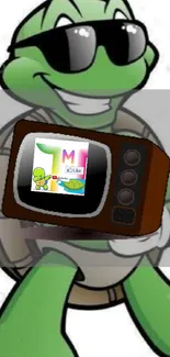 Cartoon turtle holding a retro TV with a bright green background.