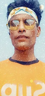 Mobile wallpaper showcasing a person in a stylish orange shirt and sunglasses.