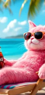 Pink cat with sunglasses on beach lounger holding a Coca Cola bottle.