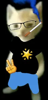 Cartoon cat with glasses and peace sign.