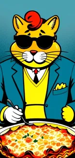 A cartoon cat in sunglasses enjoying pizza with a teal background.