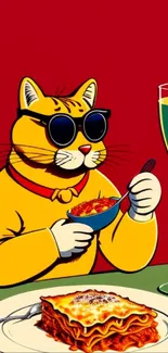 Cat in sunglasses eating with lasagna and drink on table.