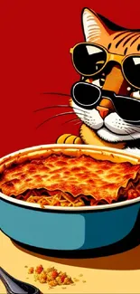 A stylish cartoon cat in sunglasses enjoying lasagna.