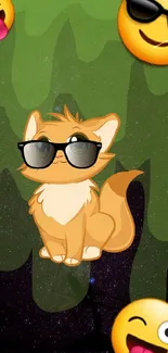 Cool cat with sunglasses and emojis on a galaxy background wallpaper.