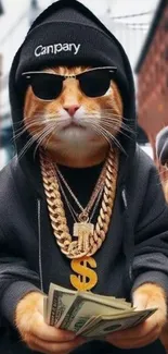 Stylish cat with gold chains and sunglasses in urban setting.