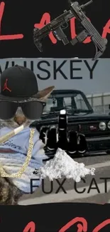 Gangster cat with car and sunglasses background.