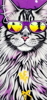 Graffiti art cat with sunglasses on a vibrant purple wall.