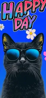 A black cat wearing sunglasses with a colorful 'Happy Day' message and flowers.