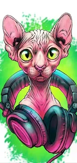 Stylized cat with headphones on vibrant green background.