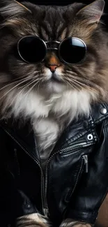 Chic cat in sunglasses and black leather jacket on a stylish wallpaper.