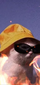 Stylish cat with sunglasses and yellow hat in flames.