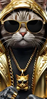 Cool cat in golden hoodie with sunglasses and jewelry.