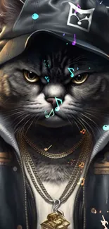 Cool cat wearing a hoodie with gold chains in a digital art style.